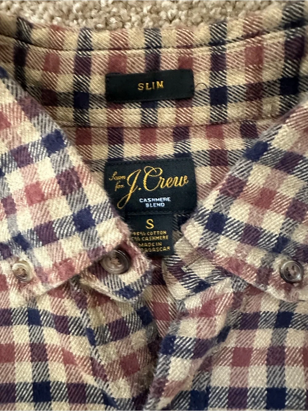J. Crew Men's Plaid Button-Up Shirt in Brown and Navy - Cotton/Cashmere Blend